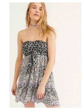 Free People Black & White Patterned Strapless Mini Dress